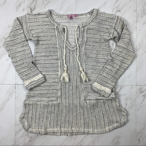 Calypso Womens Sz XS Tunic Top Striped Cream Grey Boho Tassels Fringe Lagenlook - Picture 1 of 10